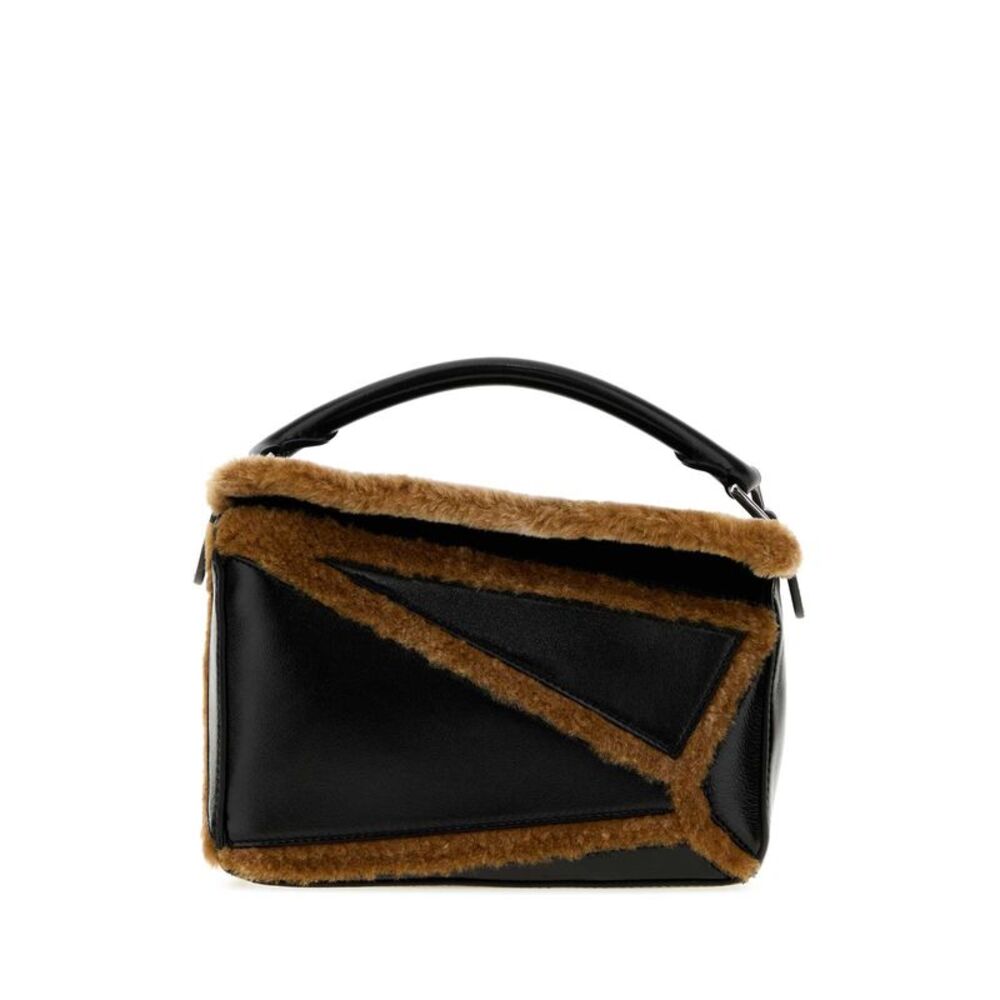 Loewe Women Two-Tone Leather And Shearling Small Puzzle Handbag